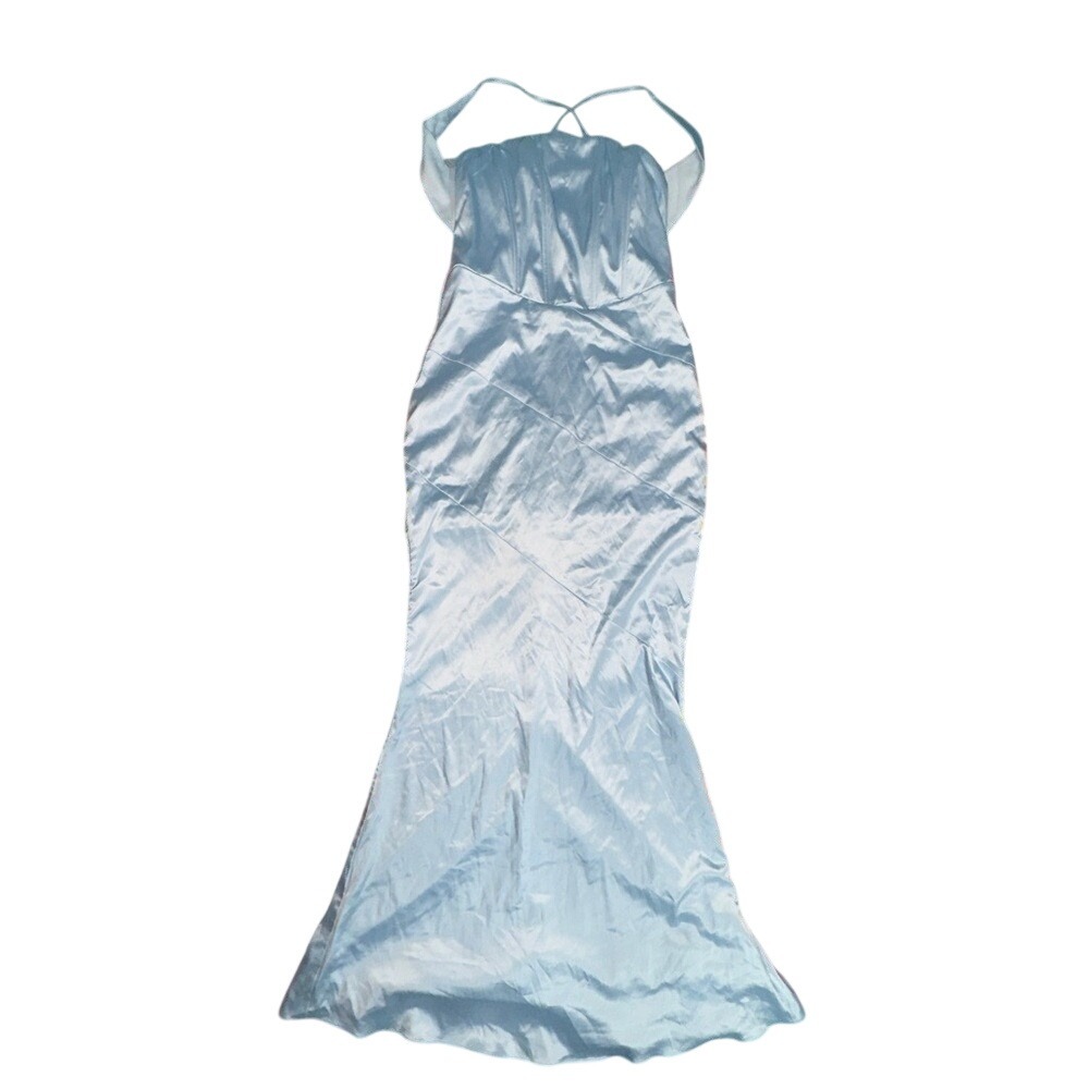 Marthea Blue Satin Ruched Sheath Dress Spaghetti Strap Prom Gown SUM5242A Size M
